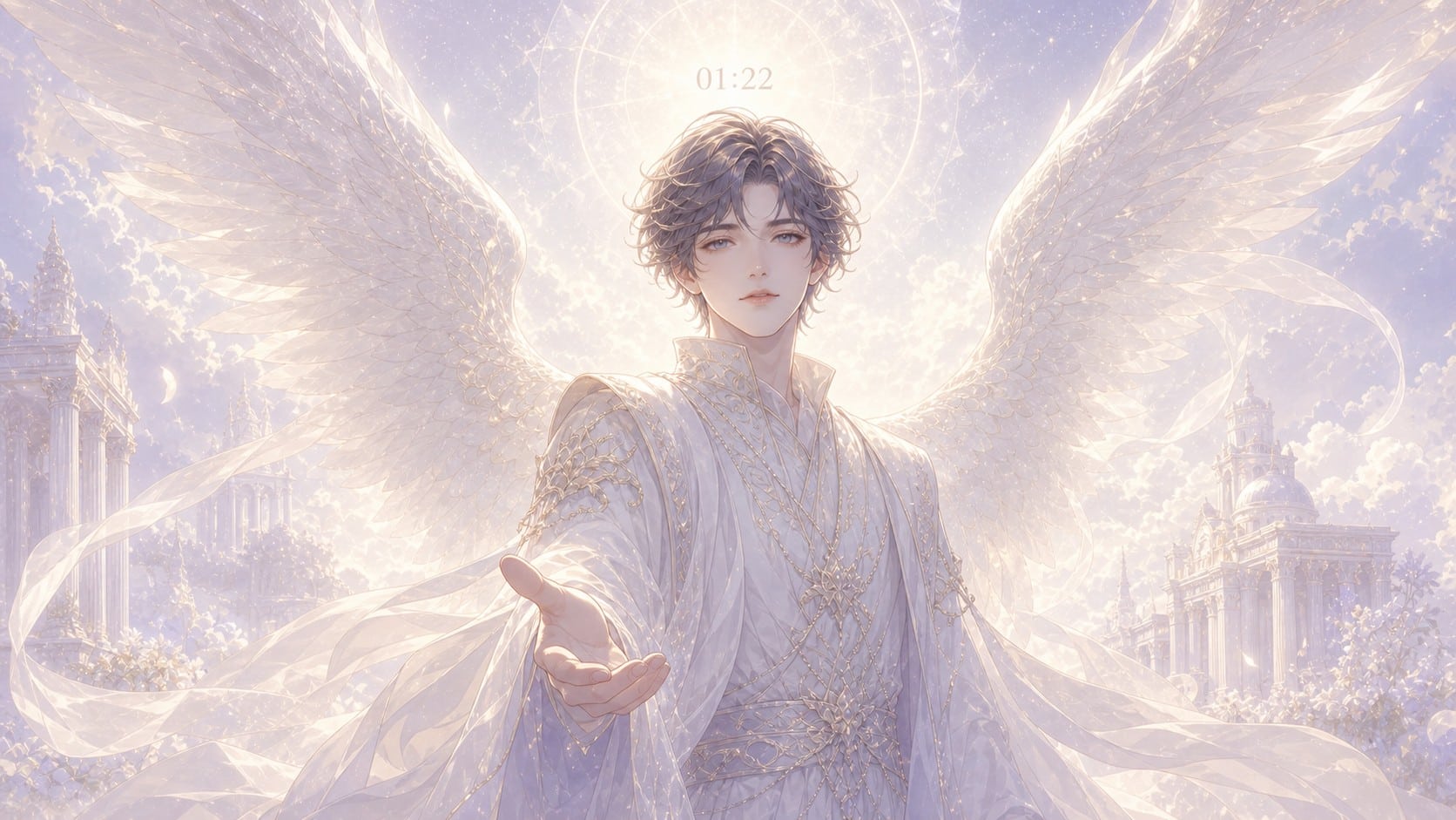 Jeliel, amour et sagesse, blanc or nacré, symbolique de l'heure 01:22