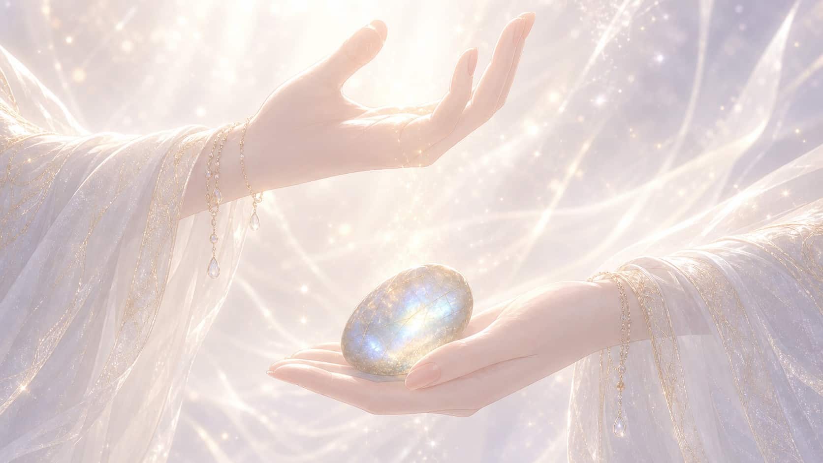 mains nordiques tenant un cristal de roche dans un geste d'intention claire en pleine nuit, message de l'heure 01:11