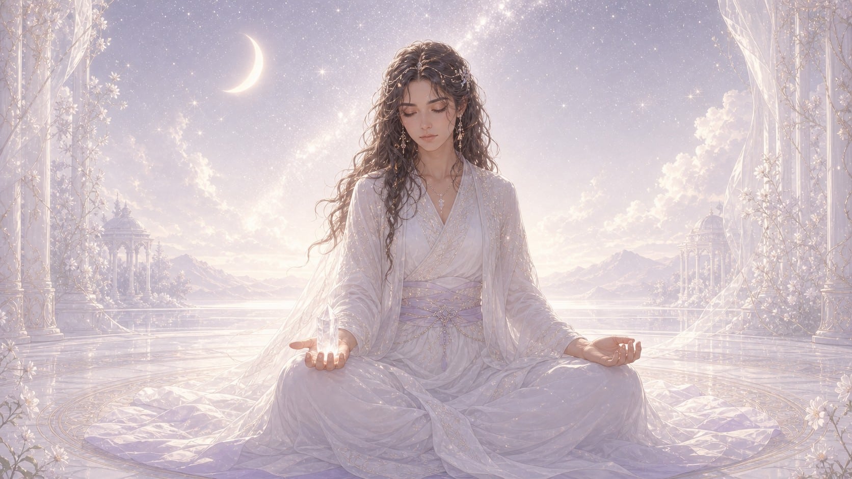 femme latinos assise en méditation de nuit avec un cristal de roche dans la main, méditation de l'heure 01:11