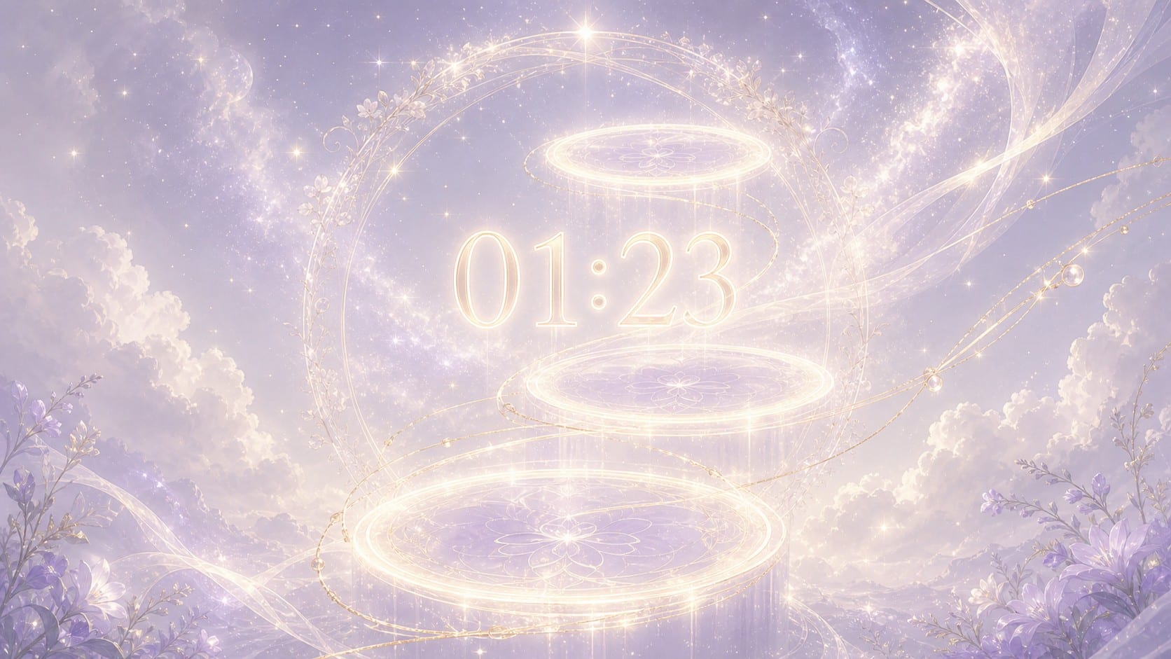progression lumineuse 01:23 en blanc nacré et lilas dans une nuit douce, signification de l'heure 01:23