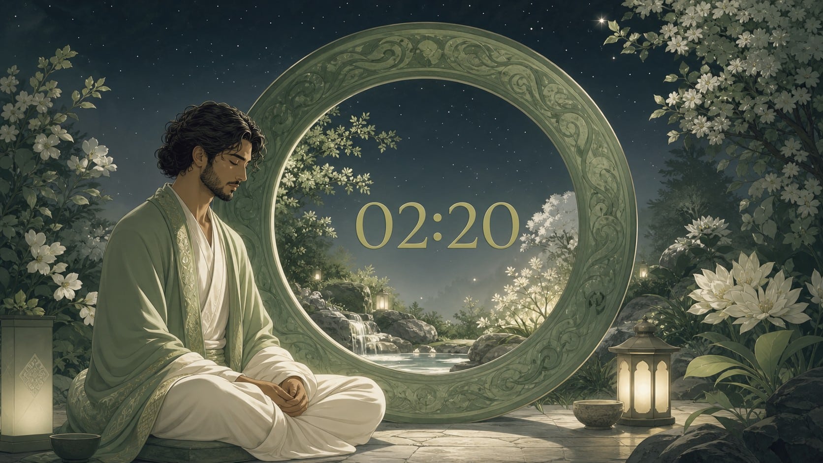 homme moyen-oriental debout devant un anneau en pierre verte avec 02:20 et un paysage nocturne naturel, signification de l'heure 02:20 en numérologie