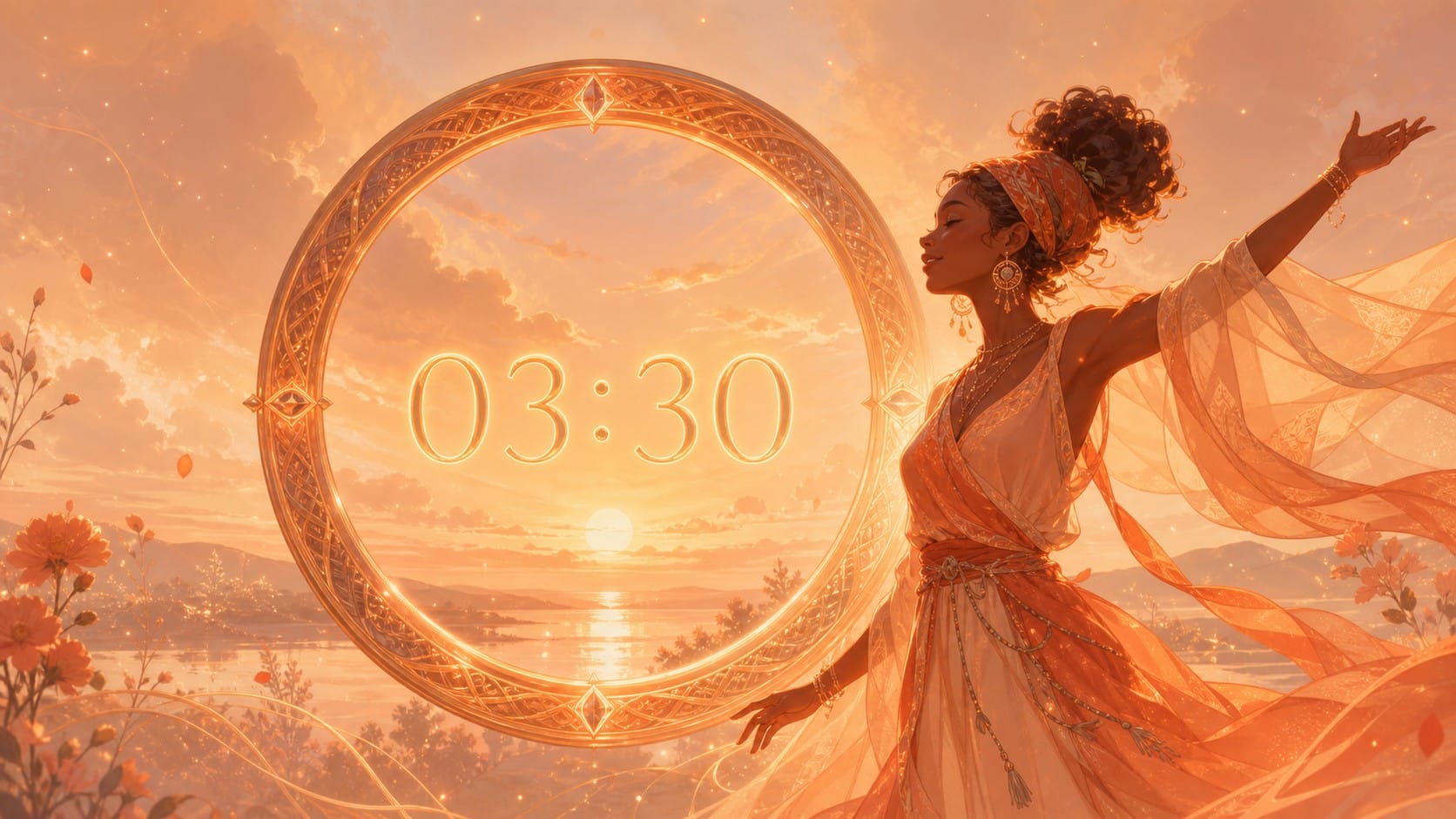 femme africaine devant un anneau en ambre et cuivre avec 03:30 en or doux et un ciel orange ambre, signification de l'heure 03:30 en numérologie