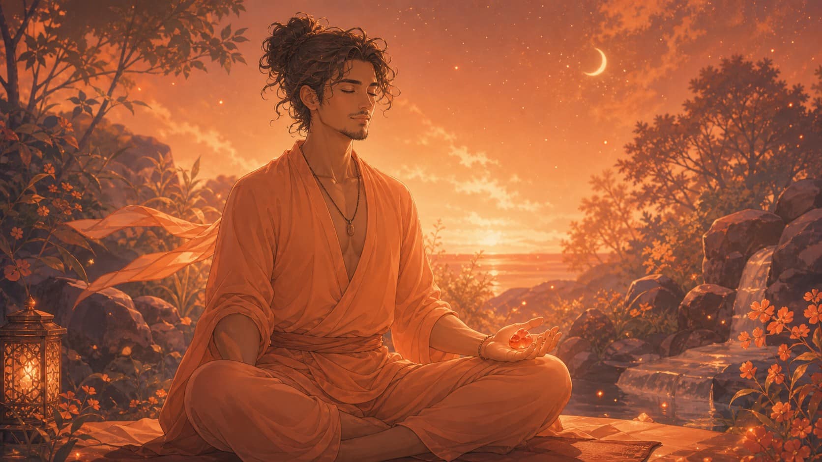homme latinos assis en méditation dans une lumière nocturne orange avec une cornaline dans la main, méditation guidée de l’heure 03:30