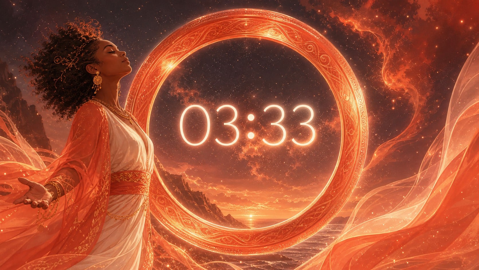 femme africaine devant un anneau en ambre et corail chaud avec 03:33 et un ciel de nuit créatrice, signification de l'heure 03:33