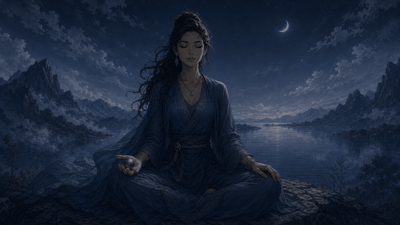 femme latinos assise en méditation profonde dans une nuit ardoise avec une hématite dans la main, méditation guidée de l’heure 04:40