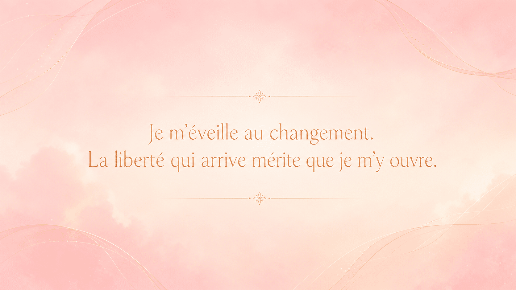 mantra de l’heure 05:50 en or rose pâle sur fond rose aurore très doux