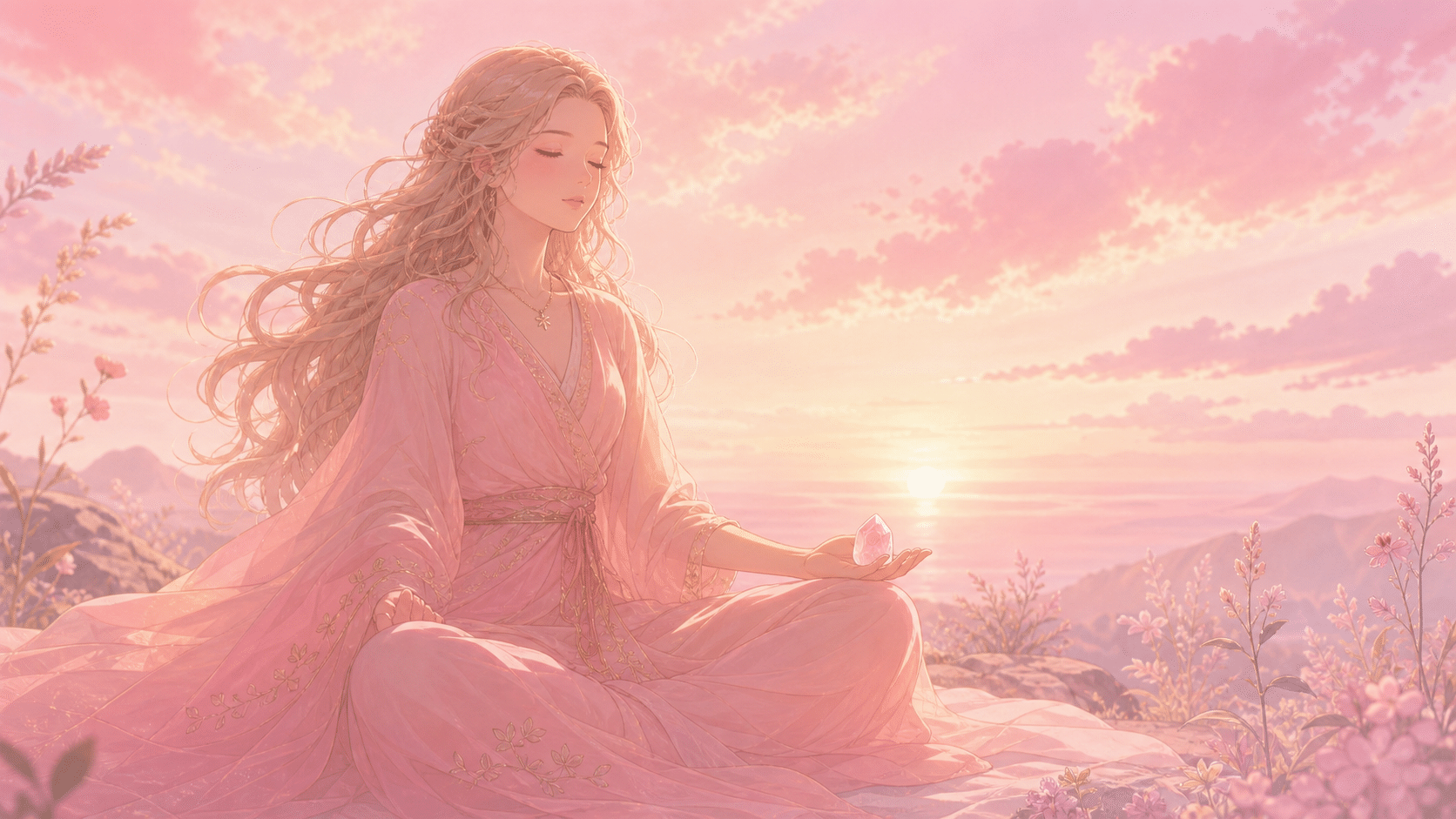 femme européenne assise en méditation à la pré-aube avec un quartz rose dans la main, méditation guidée de l’heure 05:50