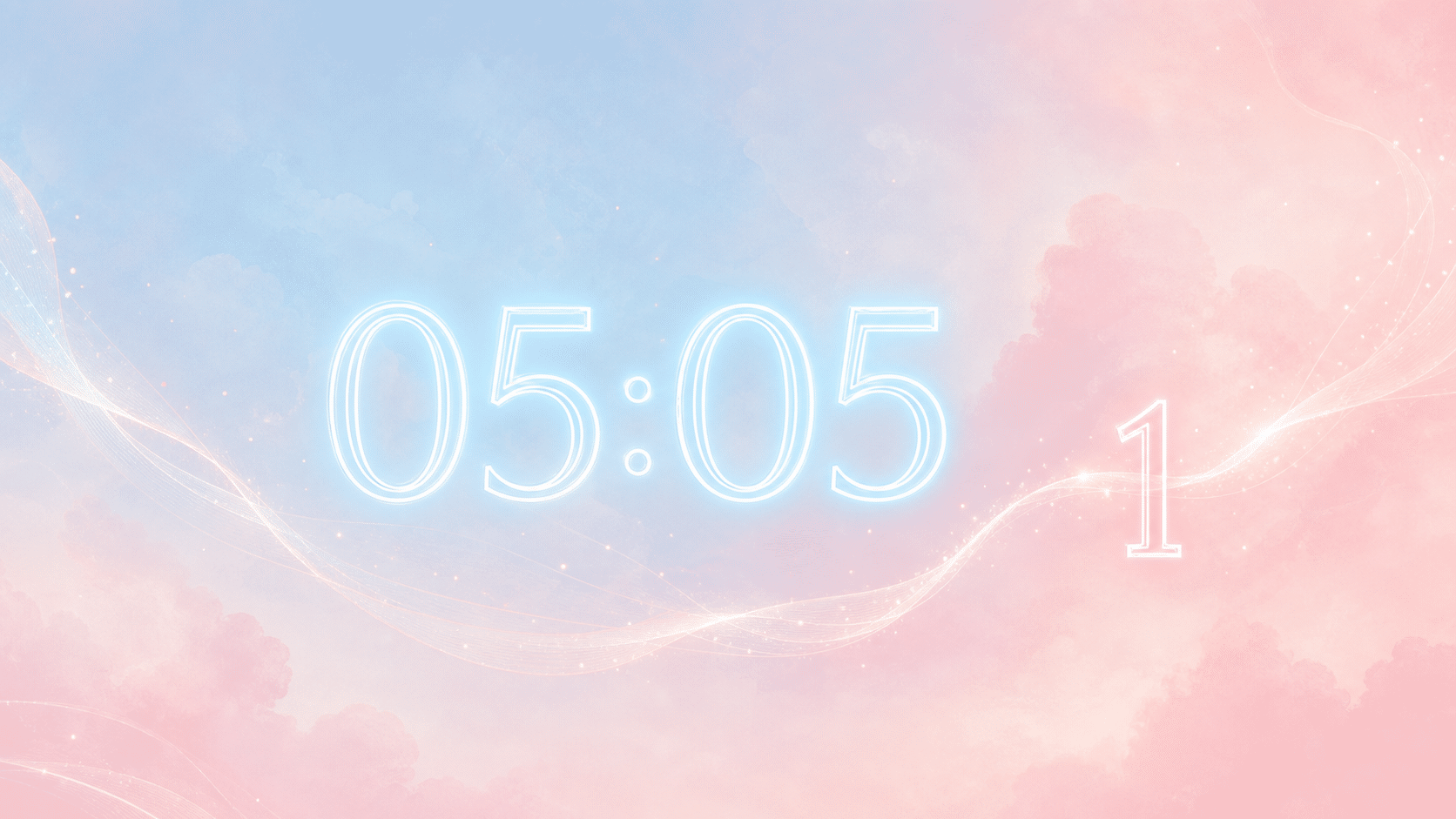 heure miroir 05:05 et nombre 1 en bleu ciel et rose aurore, associations de l’heure 05:50