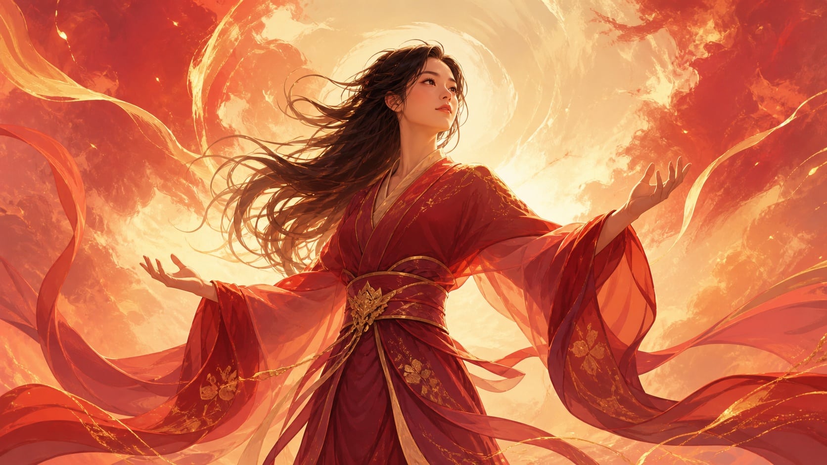femme asiatique debout dans un espace ouvert avec une posture d'affirmation puissante et libre, vibration de l'heure 15:15