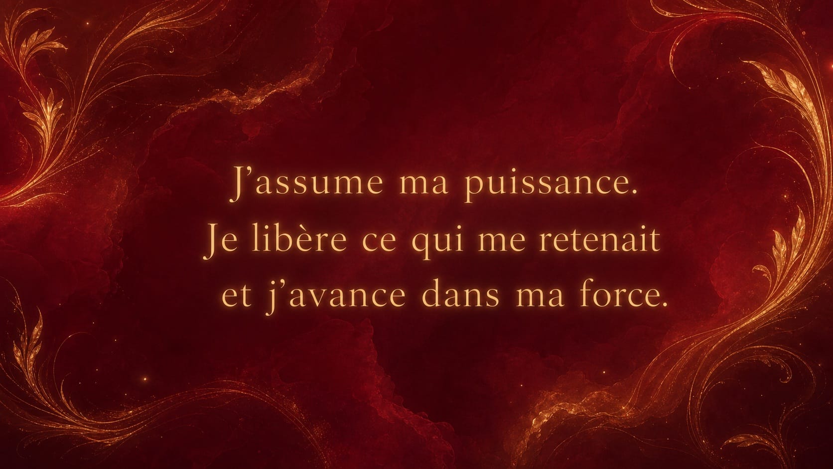 mantra de l'heure 15:15 en or cuivré sur fond bordeaux profond velouté avec éléments de feu discrets