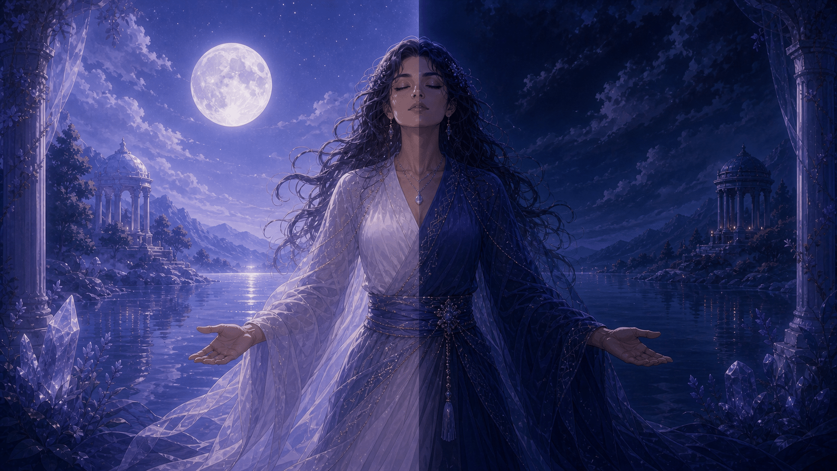 femme lumiere bleue nuit ombre lune, signification de l'heure 18:18