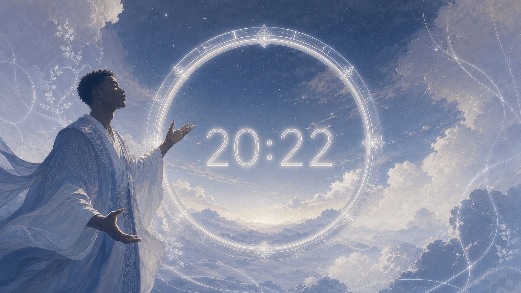 homme africain devant un anneau bleu nuit pâle et argent avec 20:22 et un ciel de début de soirée doux, signification de l'heure 20:22