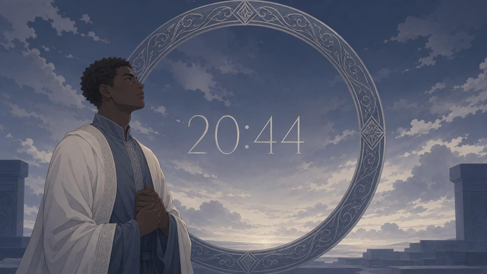 homme africain devant un anneau gris bleu ardoise et argent avec 20:44 et un ciel de début de soirée ardoise, signification de l'heure 20:44