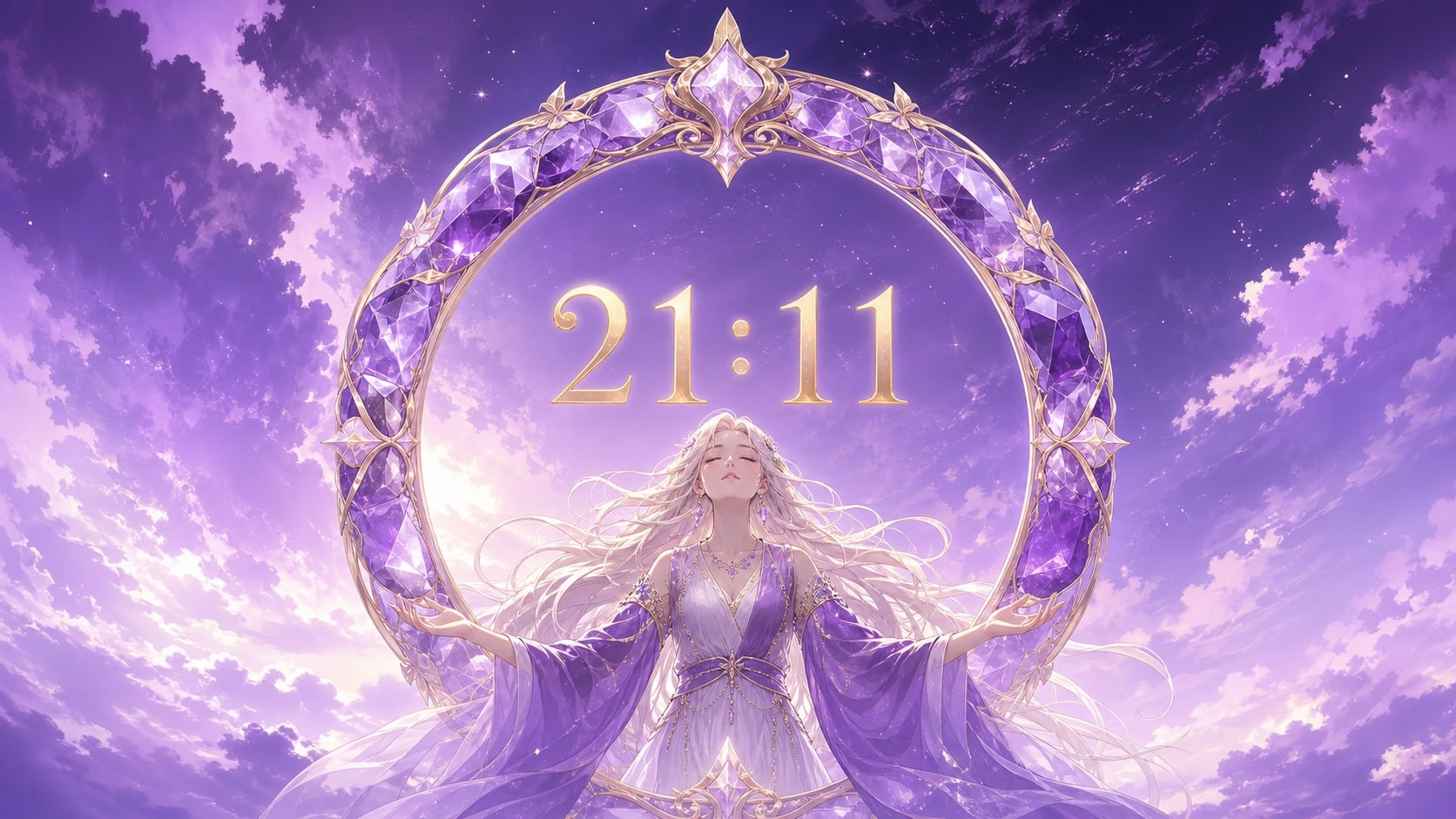 femme nordique devant un anneau en améthyste violette et or pâle avec 21:11 et un ciel de soirée violet, signification de l'heure 21:11