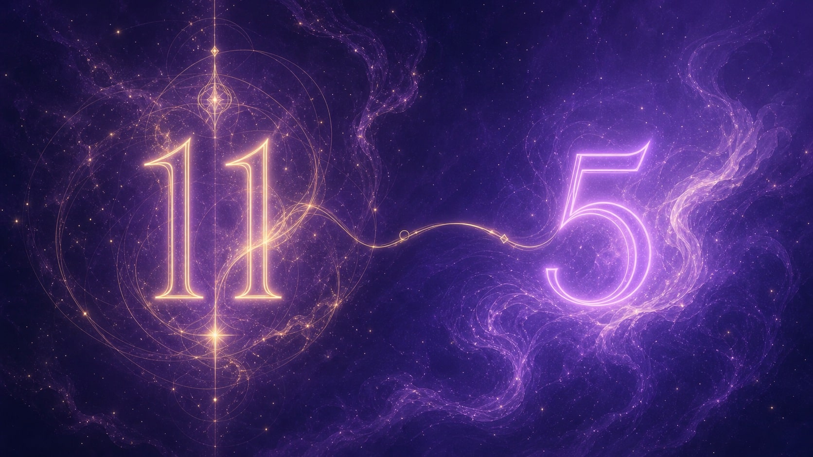 le maître 11 et le nombre 5 en violet profond et or pâle, associations de l'heure 21:11