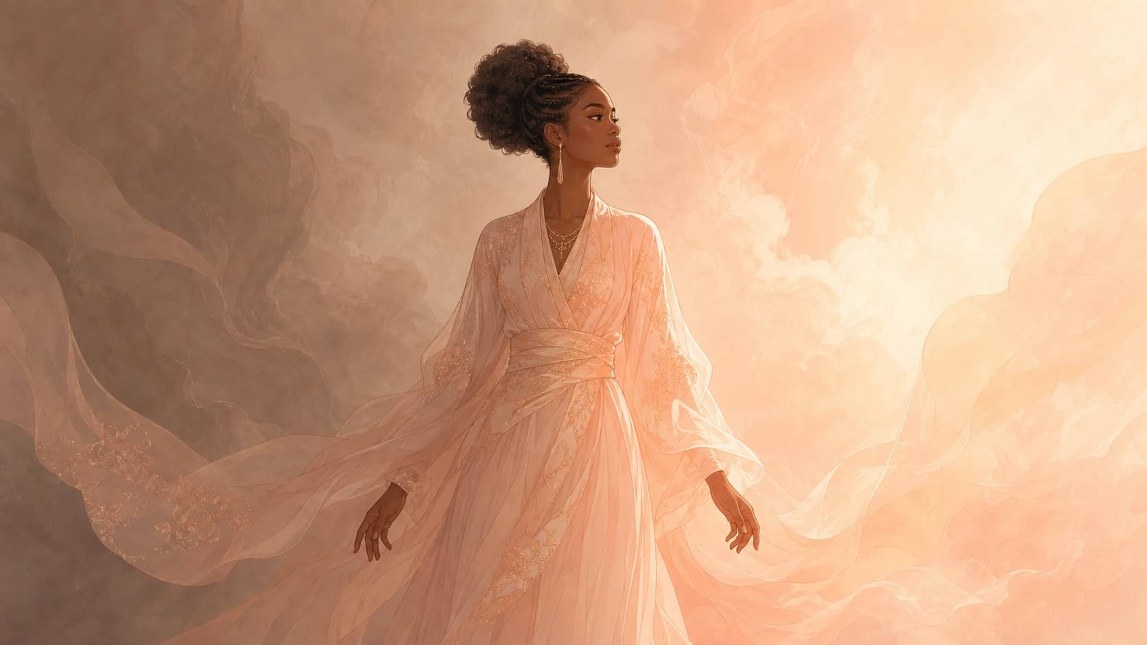 femme lumiere or rose ombre beige suspension, signification de l'heure 21:12