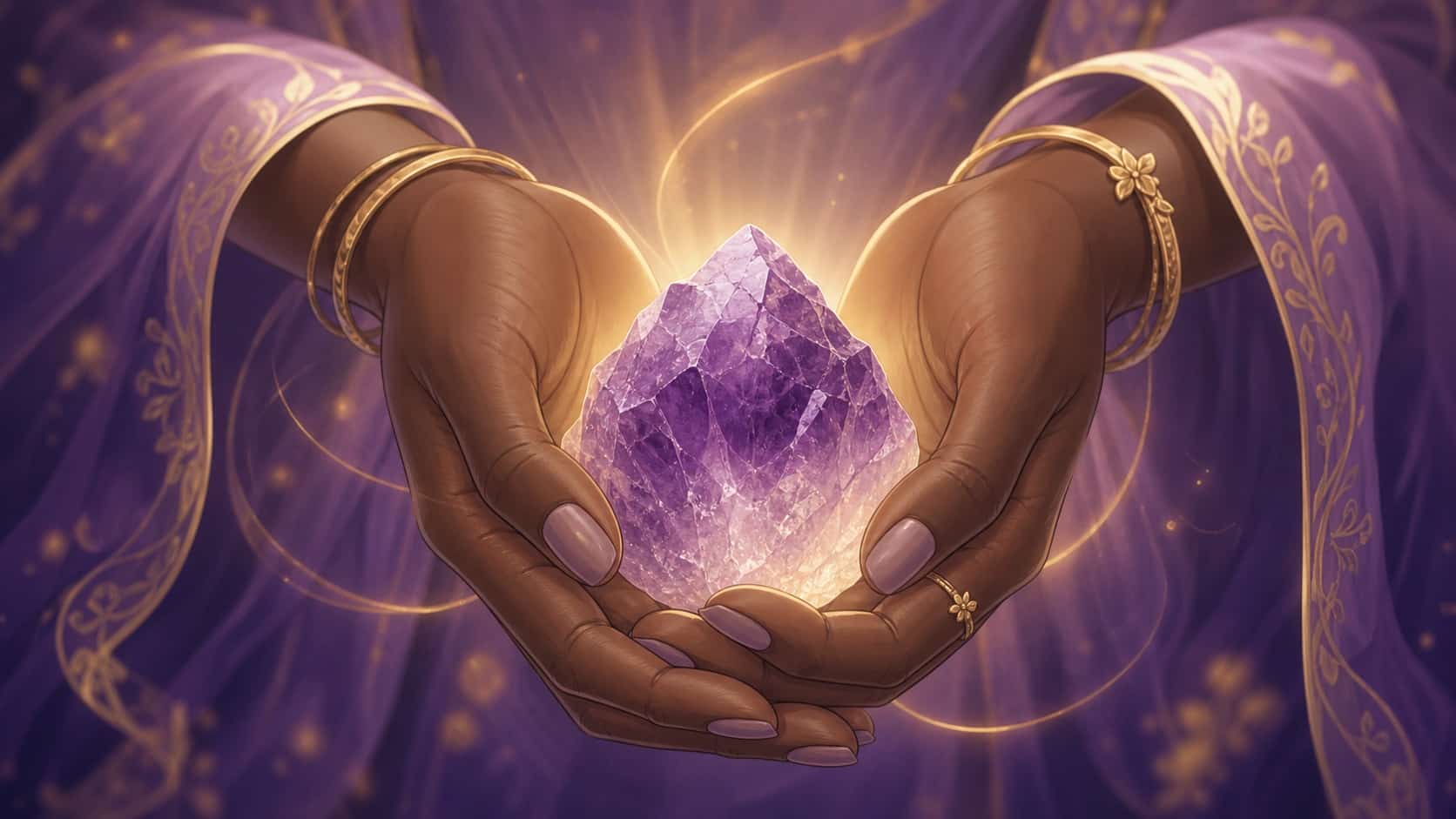 mains amethyste plenitude violet or, signification de l'heure 21:21
