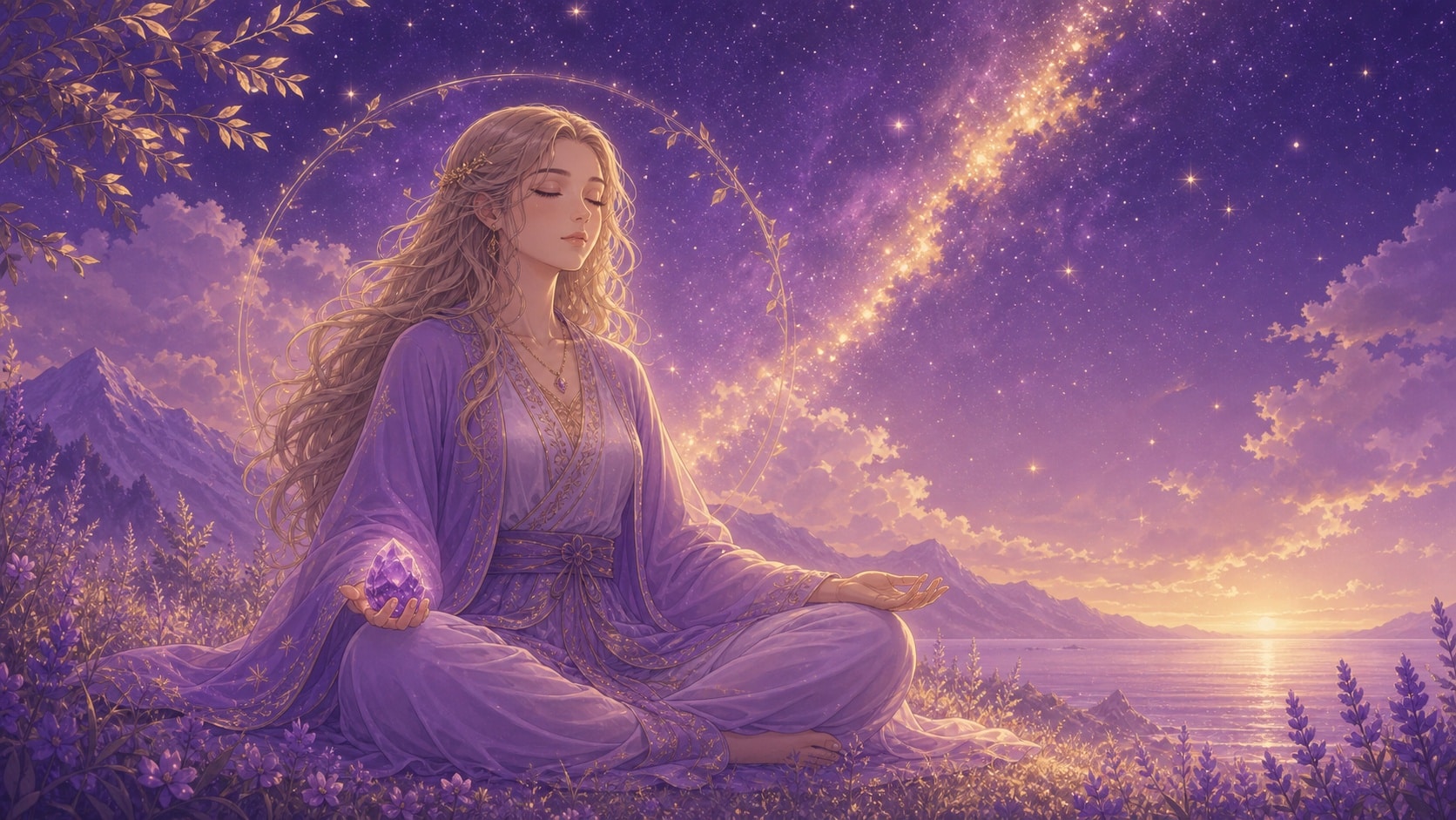 meditation amethyste ciel etoile violet or, signification de l'heure 21:21