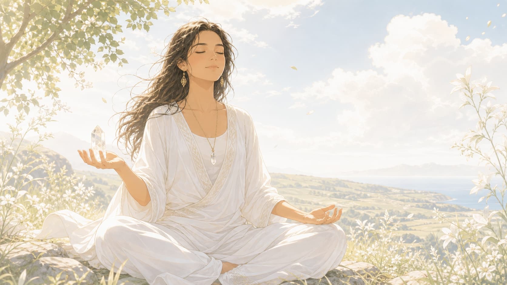 femme latinos assise en plein air dans la lumière naturelle avec un cristal de roche dans la main, méditation guidée de l'heure 22:22