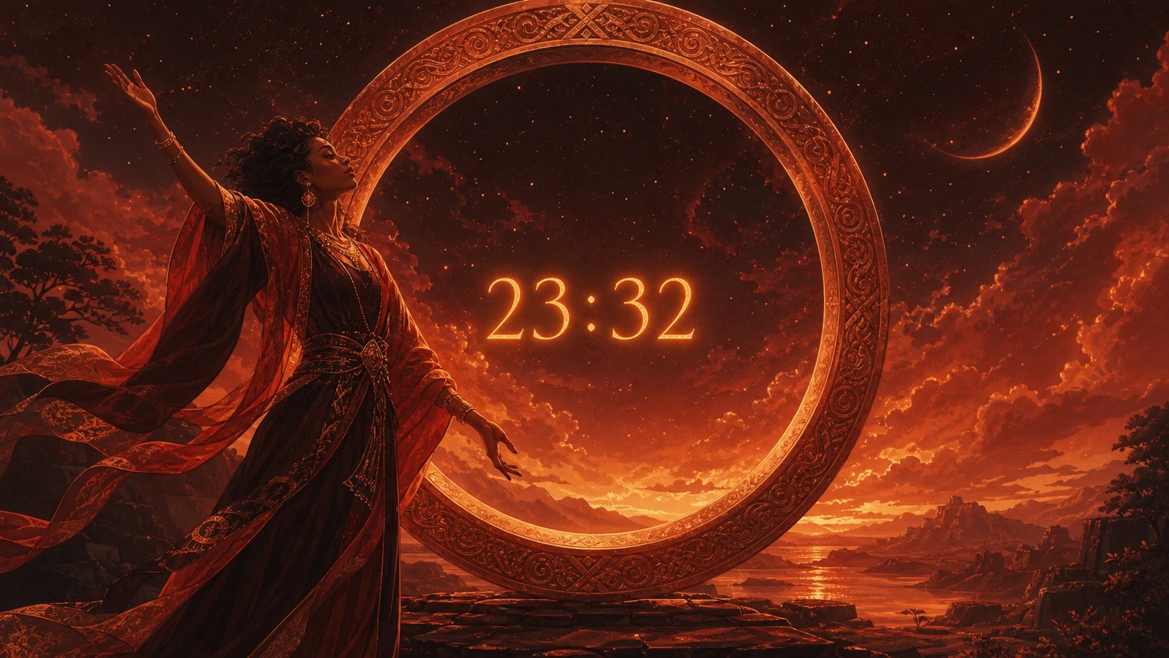 femme africaine devant un anneau rouge cuivré avec 23:32 en or ambré et un ciel de nuit profonde, signification de l'heure 23:32 en numérologie