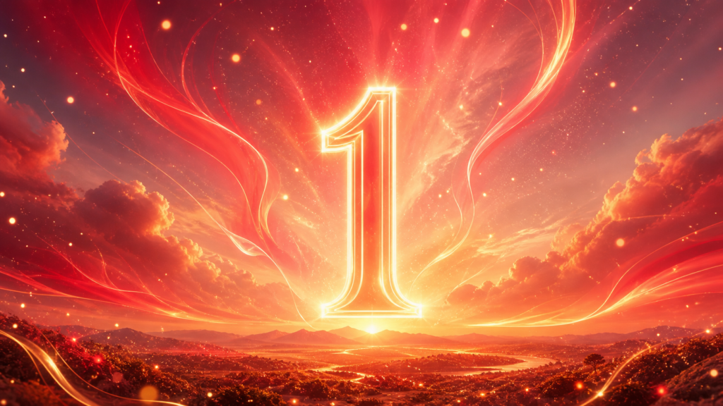 chiffre 1 lumineux dans un ciel de lever de soleil rouge et or, image d’ouverture de la signification du nombre 1 en numérologie
