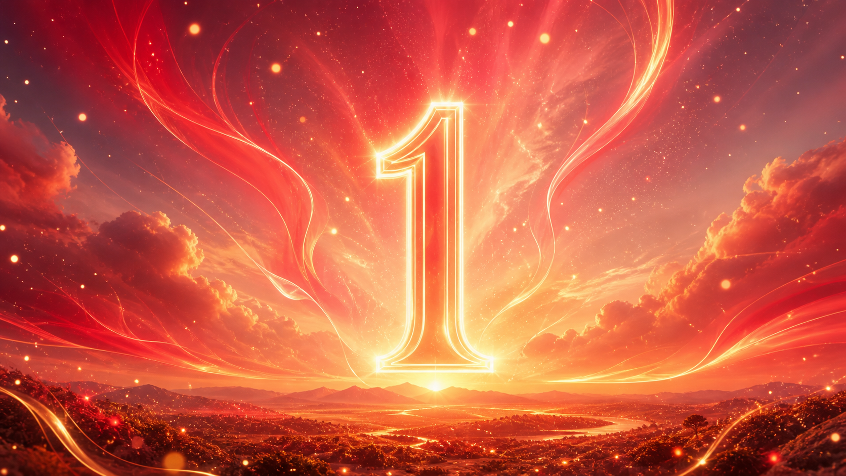 chiffre 1 lumineux dans un ciel de lever de soleil rouge et or, image d’ouverture de la signification du nombre 1 en numérologie