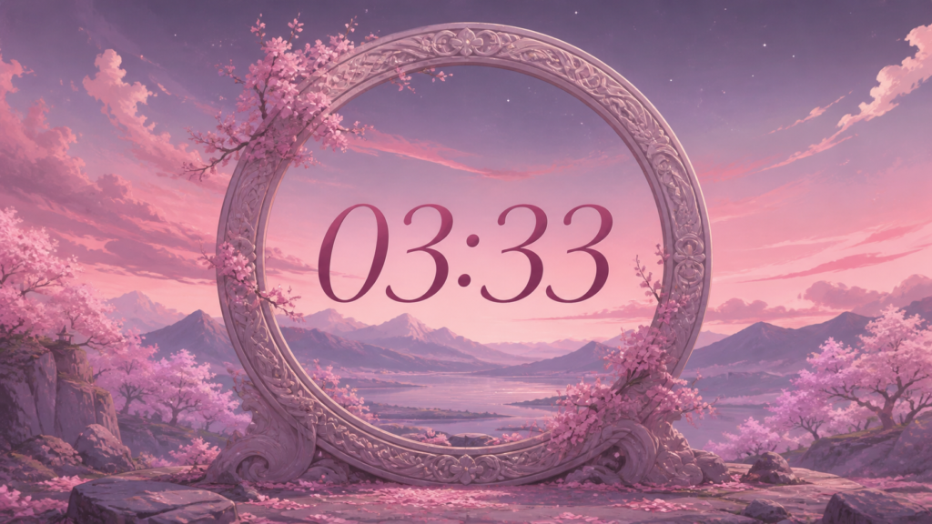 heure miroir 03:33 dans un cercle élégant sur fond de ciel rose mauve nocturne, synchronicité du nombre 33 en numérologie