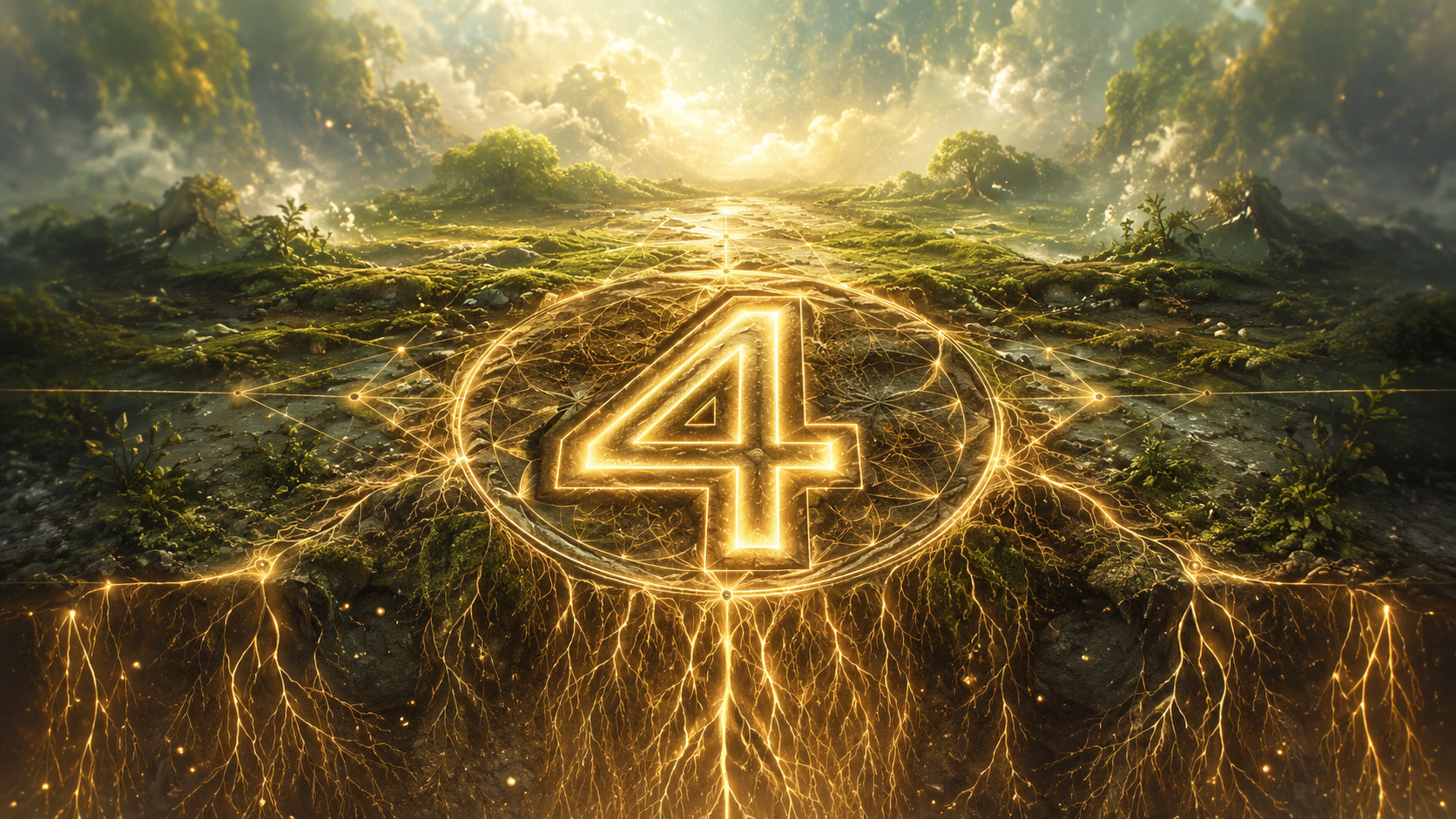 chiffre 4 lumineux intégré dans un sol vivant et structuré, image d'ouverture de la signification du nombre 4 en numérologie