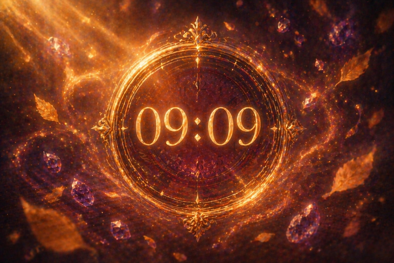 horloge ancienne affichant 09:09 avec une améthyste sur une surface en bois dorée, évoquant l'heure miroir associée à la signification du nombre 9