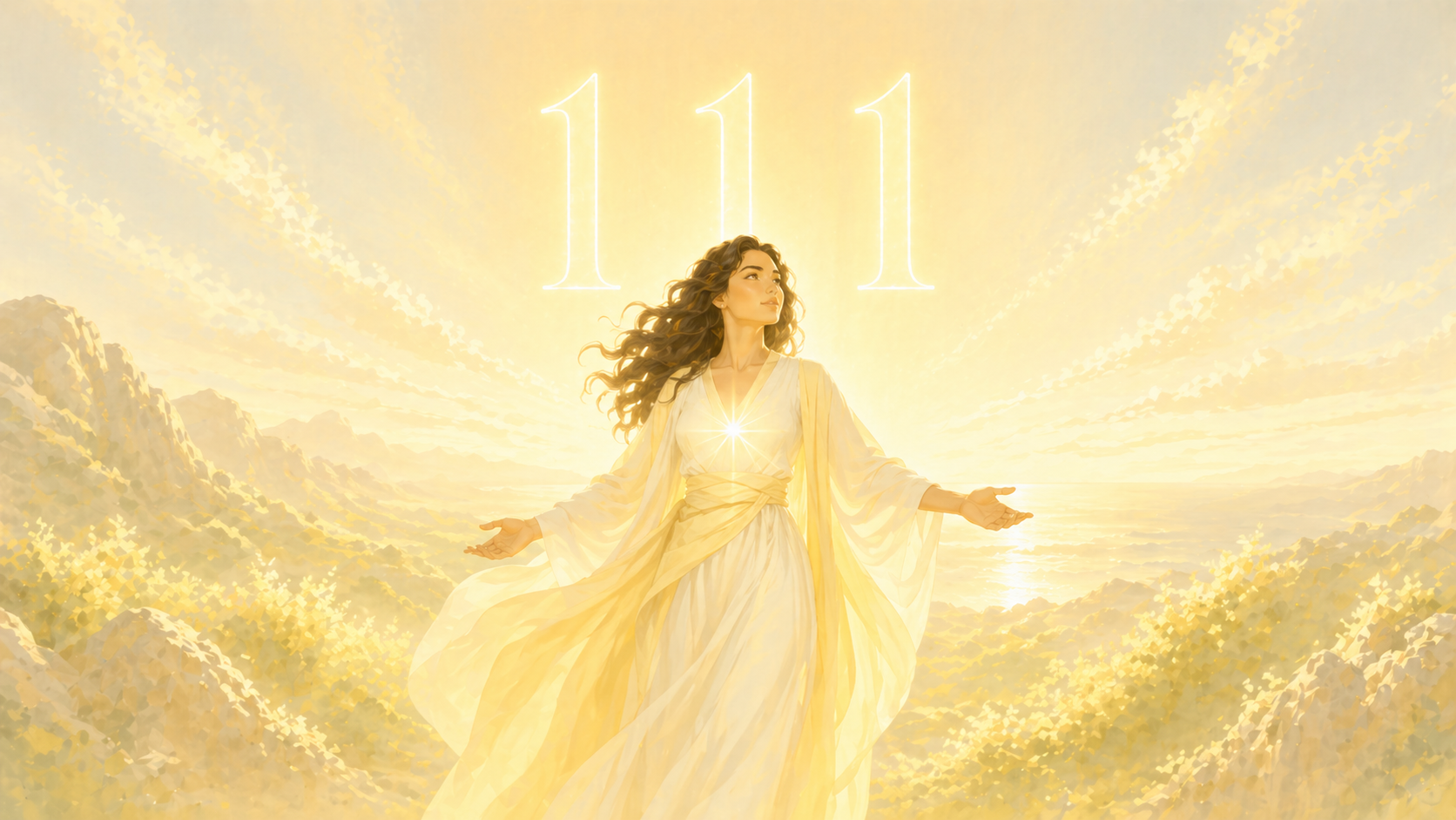 femme latinos debout dans un paysage de lever de soleil avec le chiffre 111 lumineux, rituels du nombre 111 en numérologie