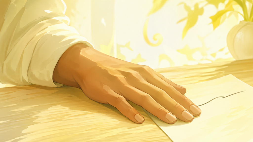 main masculine métisse posée sur une feuille avec une ligne tracée dans une lumière jaune dorée, rituel du premier pas conscient du nombre 111