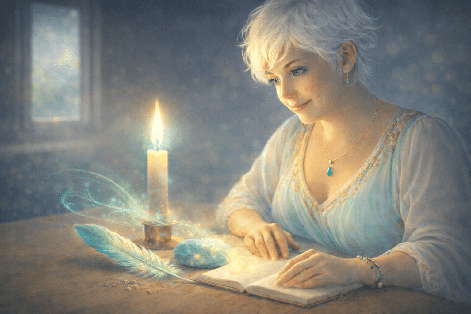 Espace de rituel simple avec bougie, plume et pierre turquoise, univers symbolique des rituels du nombre 5 en numérologie