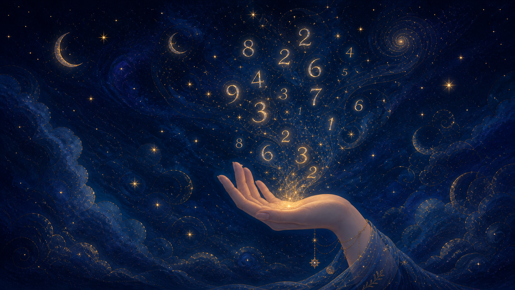 L'univers des nombres en numérologie, des chiffres lumineux s'élèvent d'une main ouverte dans un espace indigo étoilé