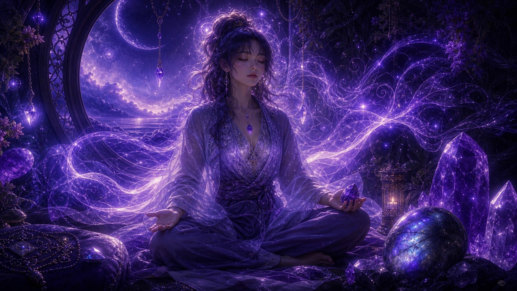 personnage en état hypnagogique avec améthyste lors d'une pratique de la fréquence 6 Hz Thêta