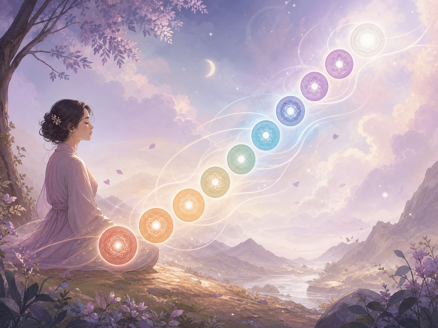 Fréquences Solfège représentées par des ondes lumineuses et un cercle méditatif