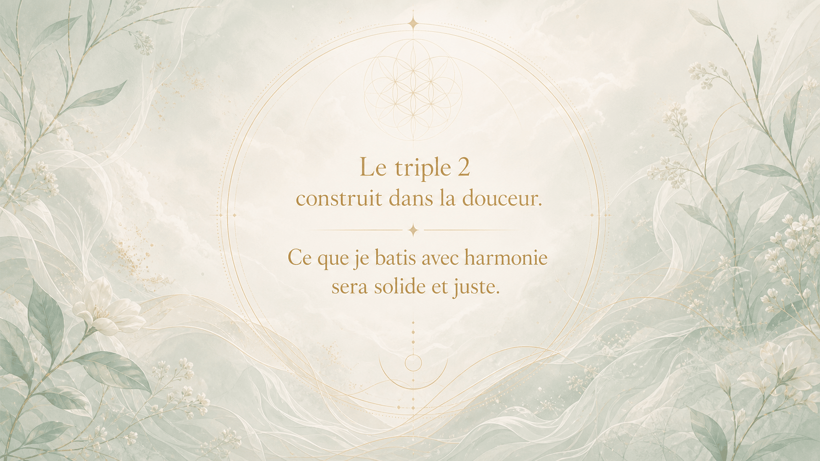 mantra de l'heure 02:22 en or discret sur fond blanc nacré et vert très pâle