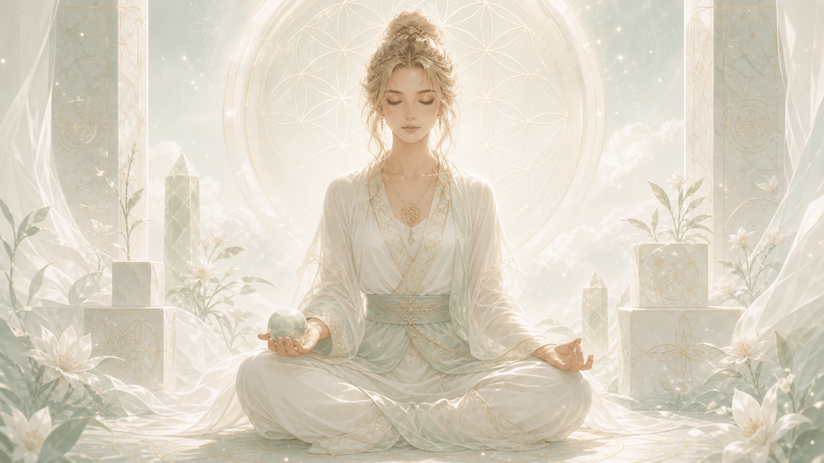 femme européenne assise en méditation de nuit avec une aventurine verte dans la main, méditation 02:22