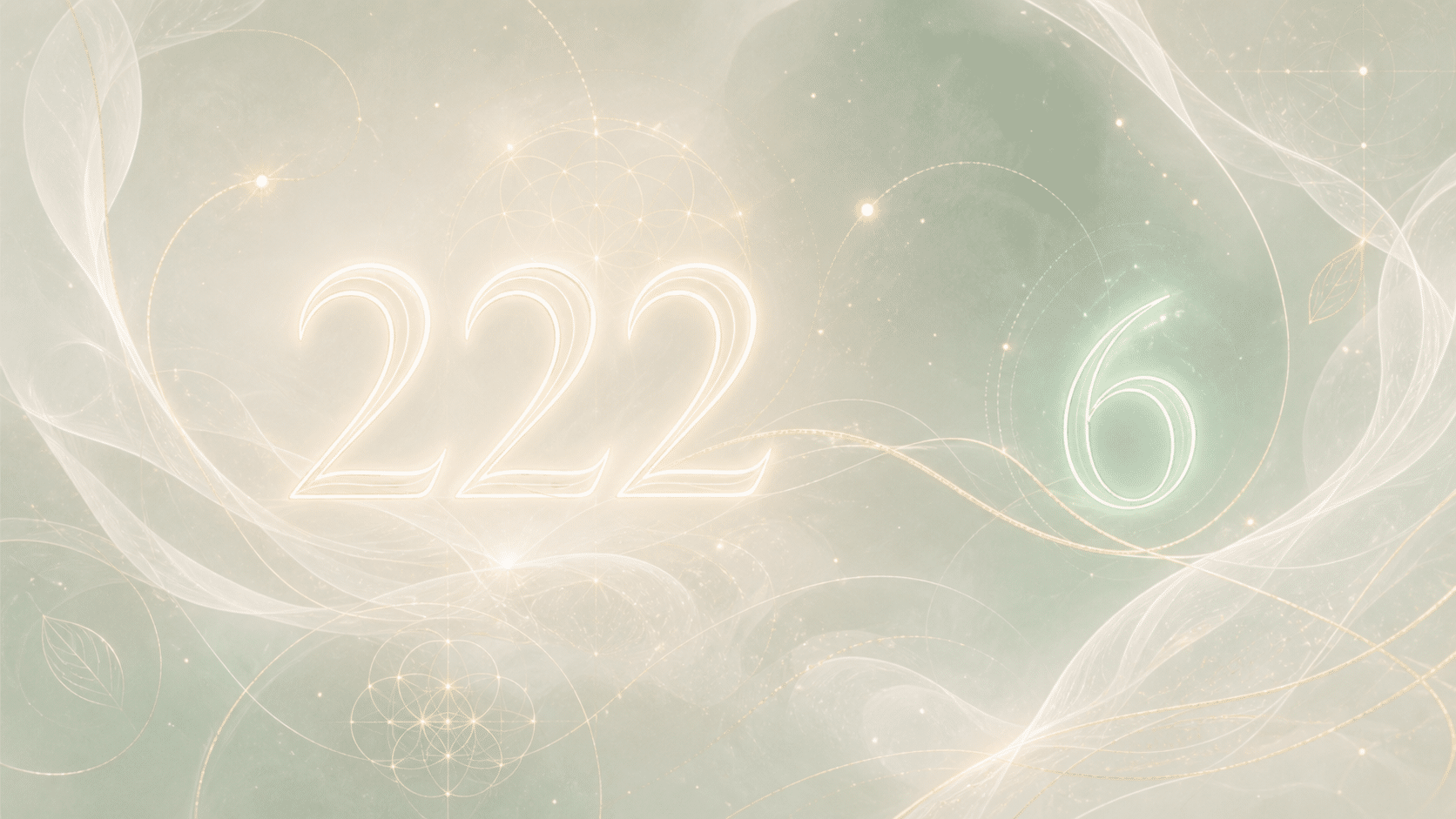 la séquence 222 et le nombre 6 en blanc nacré et vert très pâle, associations de l'heure 02:22