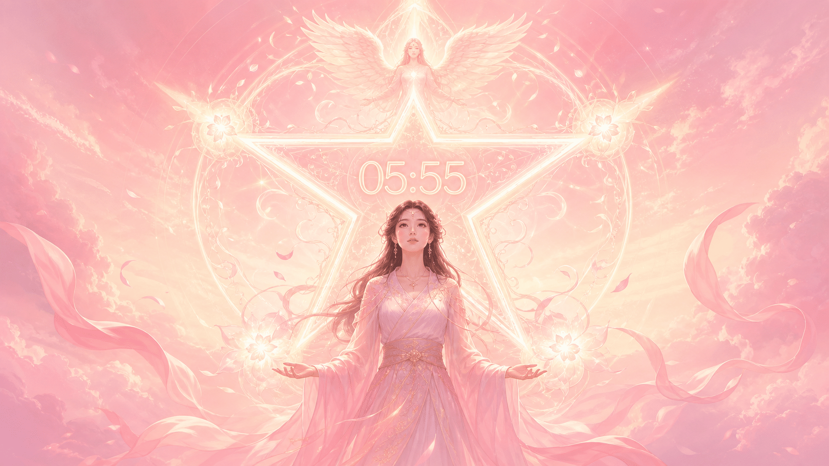 personnage asiatique devant un pentagramme étoilé rose aurore et blanc nacré avec Lelahel, symbolique de l'heure 05:55