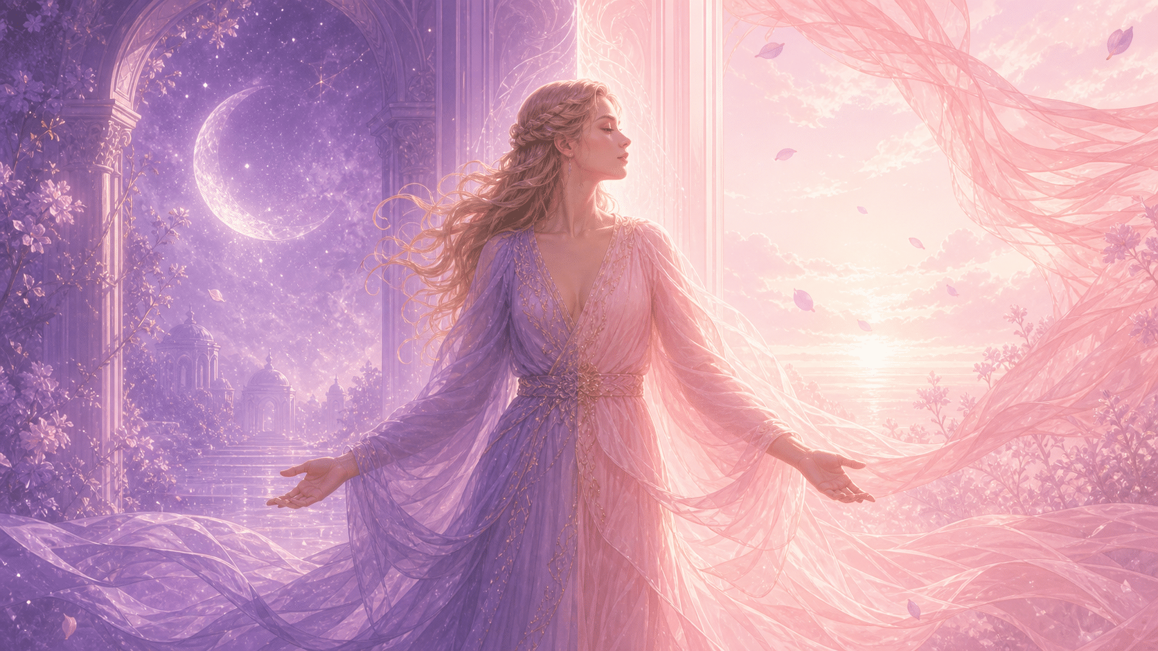 femme lilas rose ombre portail transformation, signification de l'heure 11:55