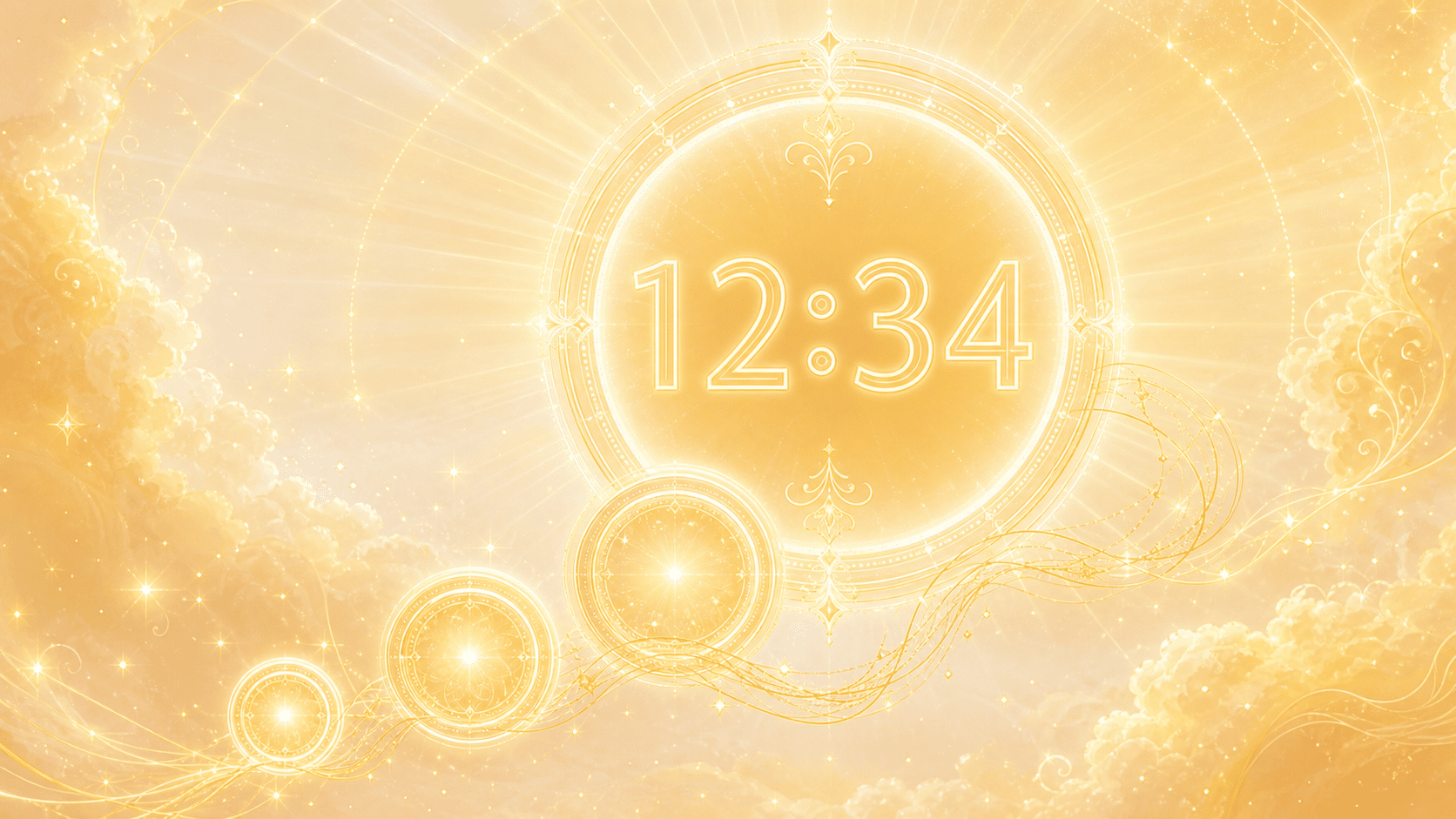 séquence 12:34 en or solaire et blanc lumineux au zénith du jour, signification de l'heure 12:34
