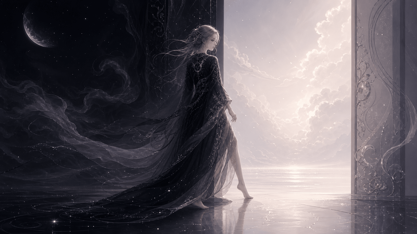 femme noir argent fin commencement, signification de l'heure 23:59