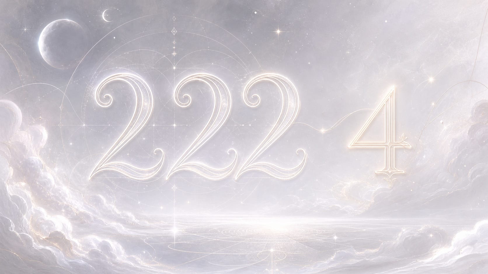 la séquence 222 et le nombre 4 en blanc nacré et argent lunaire, associations de l'heure 00:22