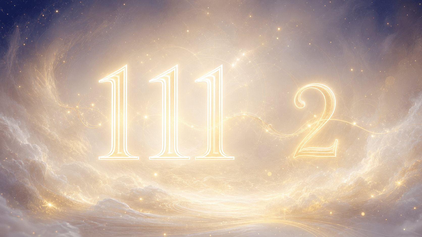 la séquence 111 et le nombre 2 en blanc lumineux et or pâle, associations de l'heure 01:01