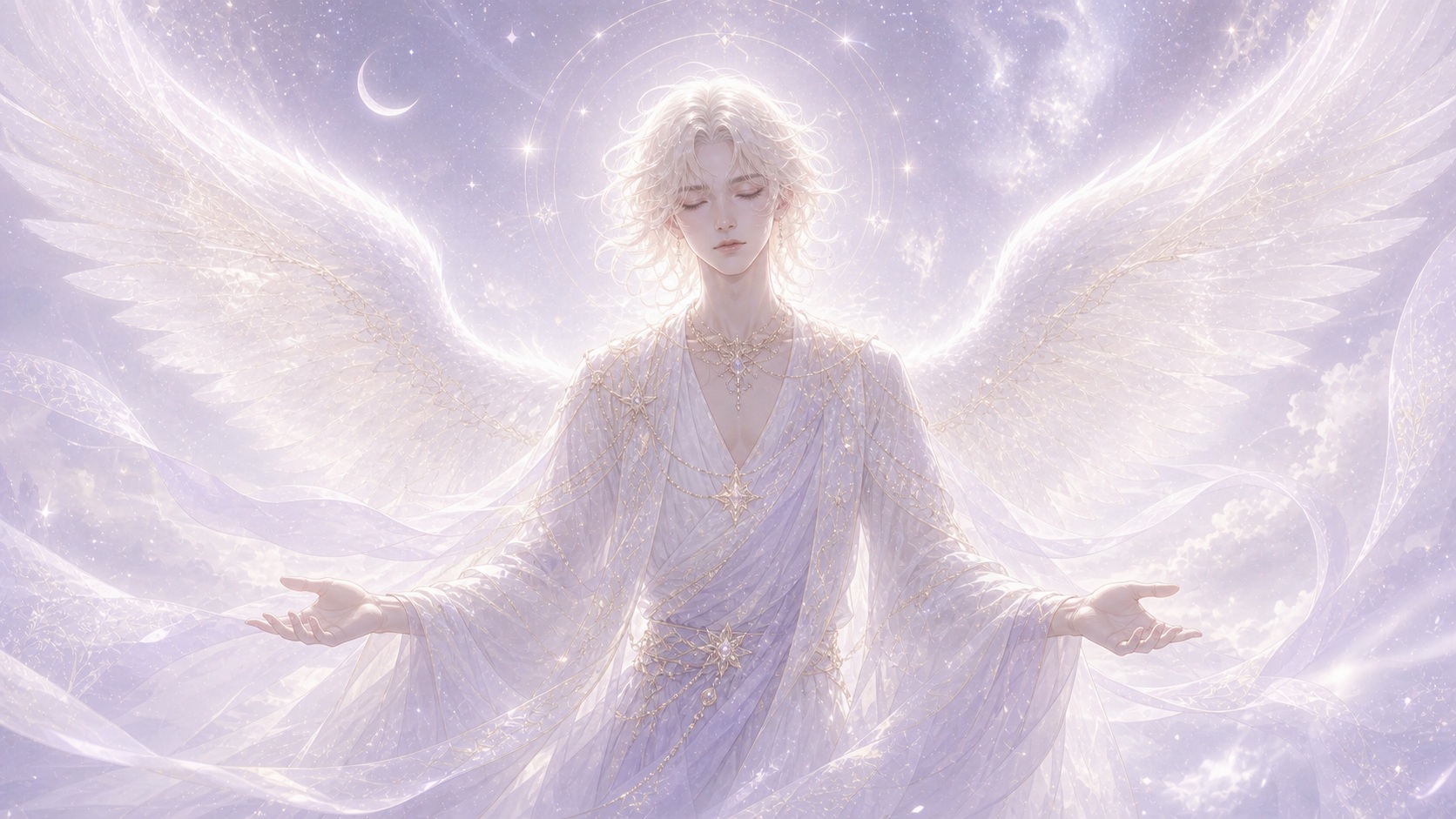 Vehuiah ange de la volonté et du premier élan avec des ailes blanc et or nacré, symbolique de l'heure 01:11