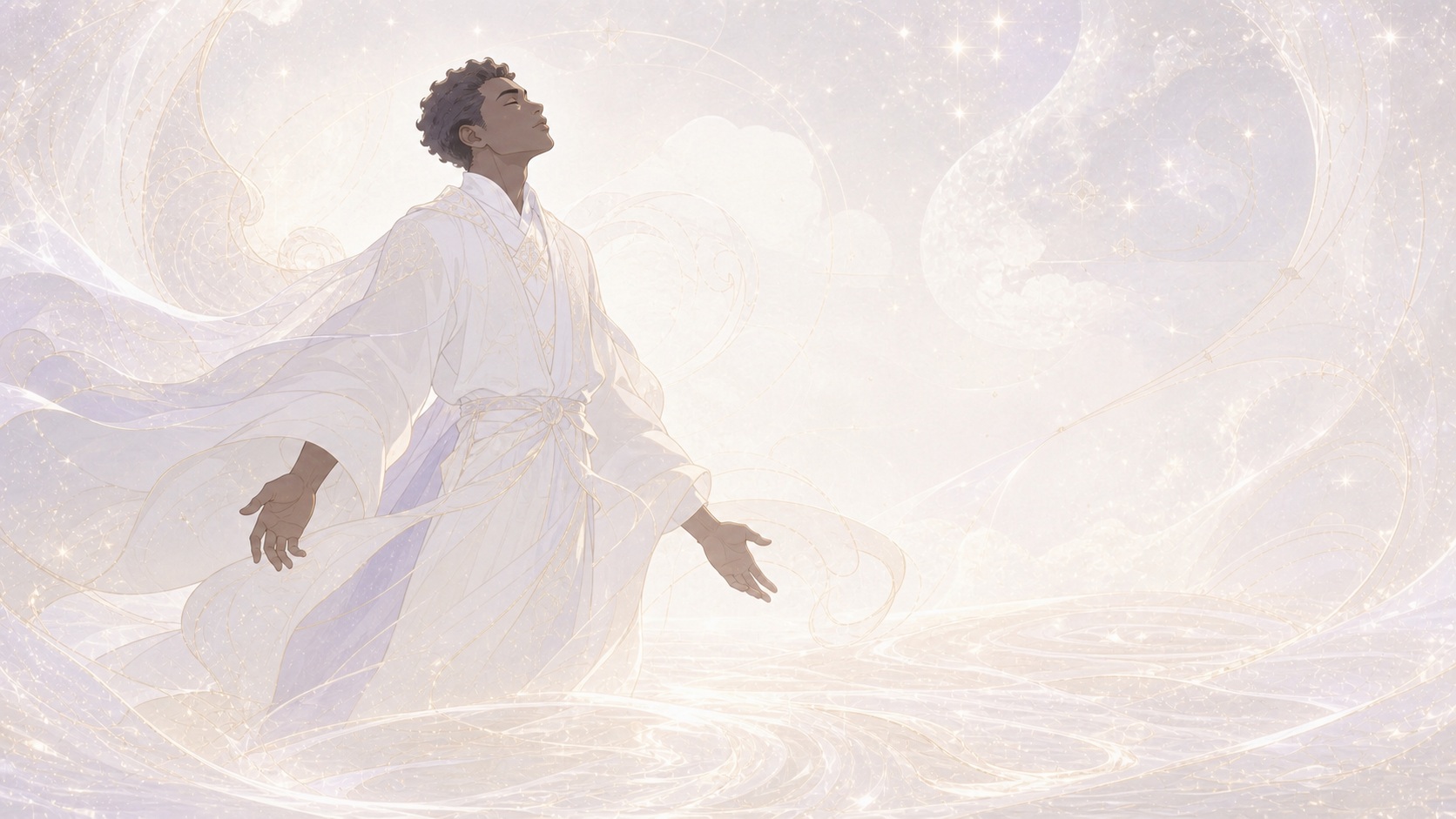 homme africain debout dans un paysage de nuit blanc pâle dans une posture d'élan cherchant ses fondations, vibration 01:22
