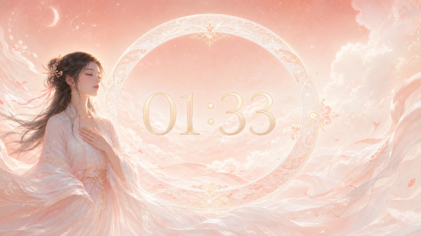 femme asiatique devant un anneau nacré et corail avec 01:33 en or pâle et une nuit douce, signification de l'heure 01:33