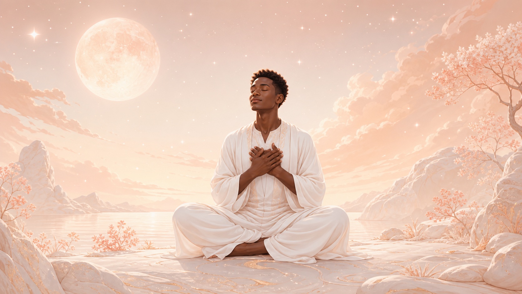 homme africain apaisant son propre cœur dans la nuit douce, vibration de l'heure 01:33