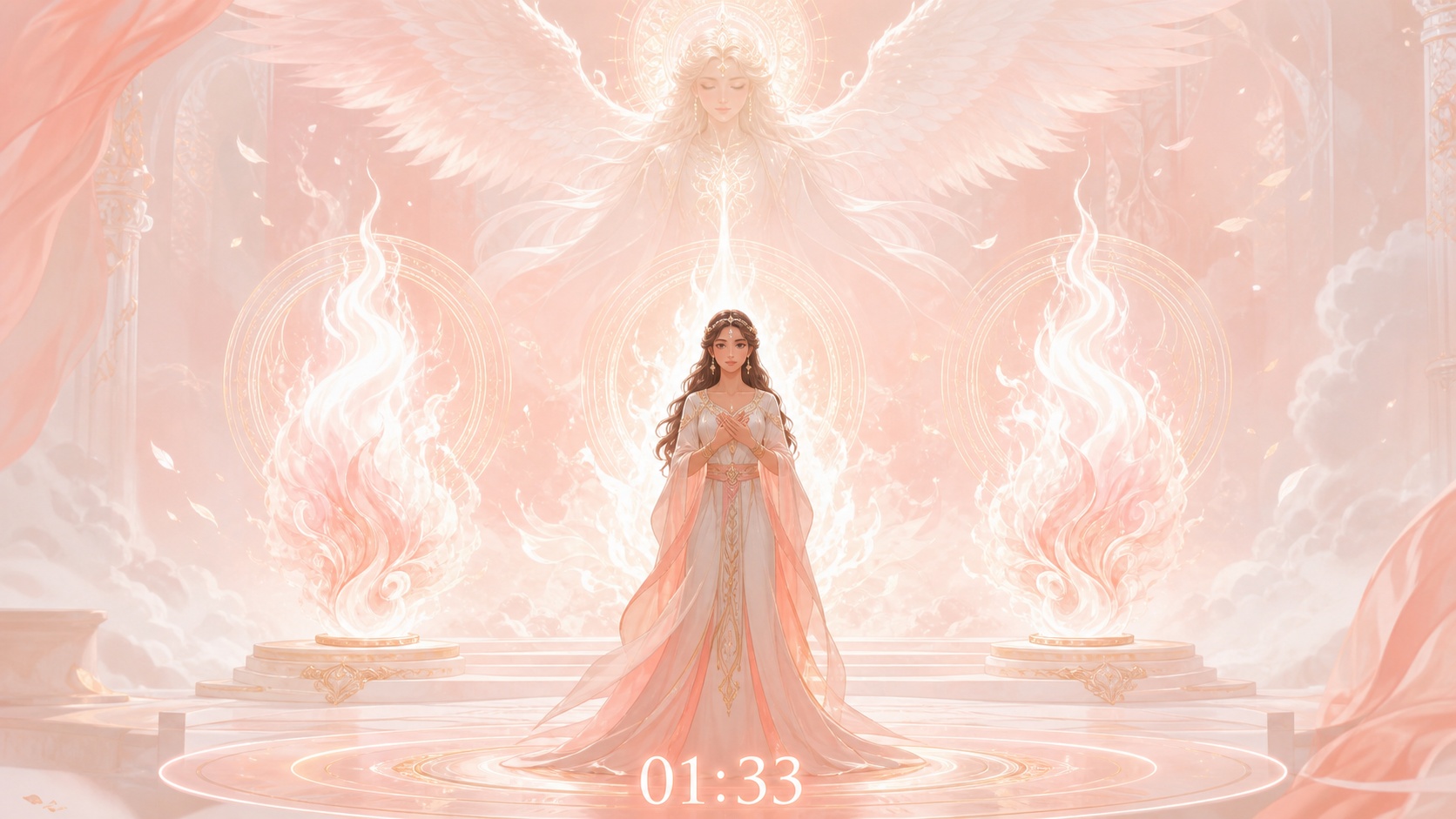 personnage moyen-oriental devant trois flammes corail pâle avec Mahasiah, symbolique de l'heure 01:33
