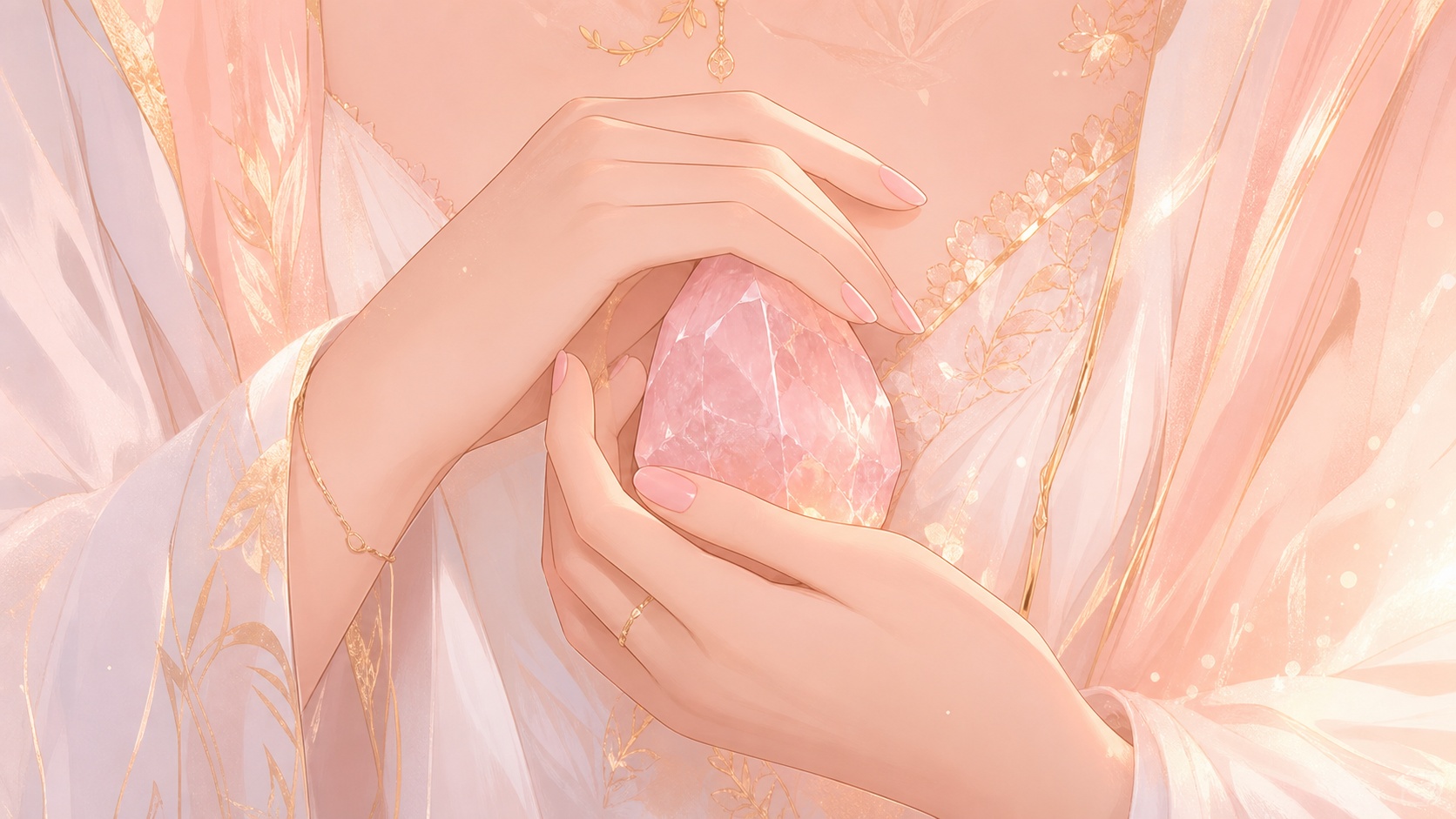 mains européennes tenant un quartz rose contre le cœur, message de l'heure 01:33